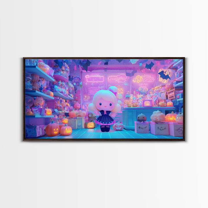 The Moonlight Toy Shop, Vaporwave Halloween Decor, Wide Panoramic Art, Canvas Print, Retro Halloween Decor, Neon Wall Art