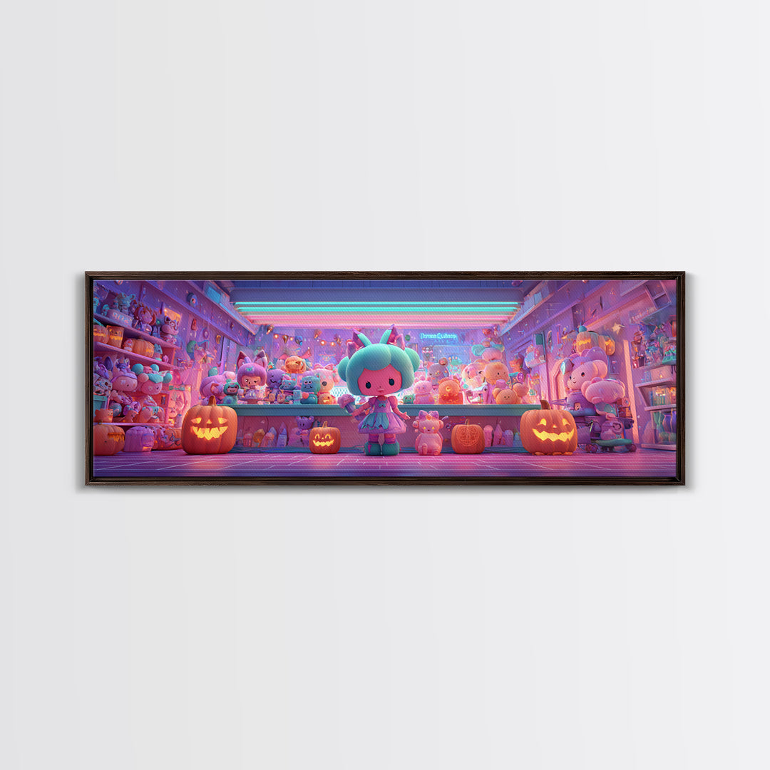 The Moonlight Toy Shop, Cute Spooky Neon Art, Extra Wide Wall Art, Canvas Print, Retro Halloween Decor, Neon Wall Art, Statement Wall Art