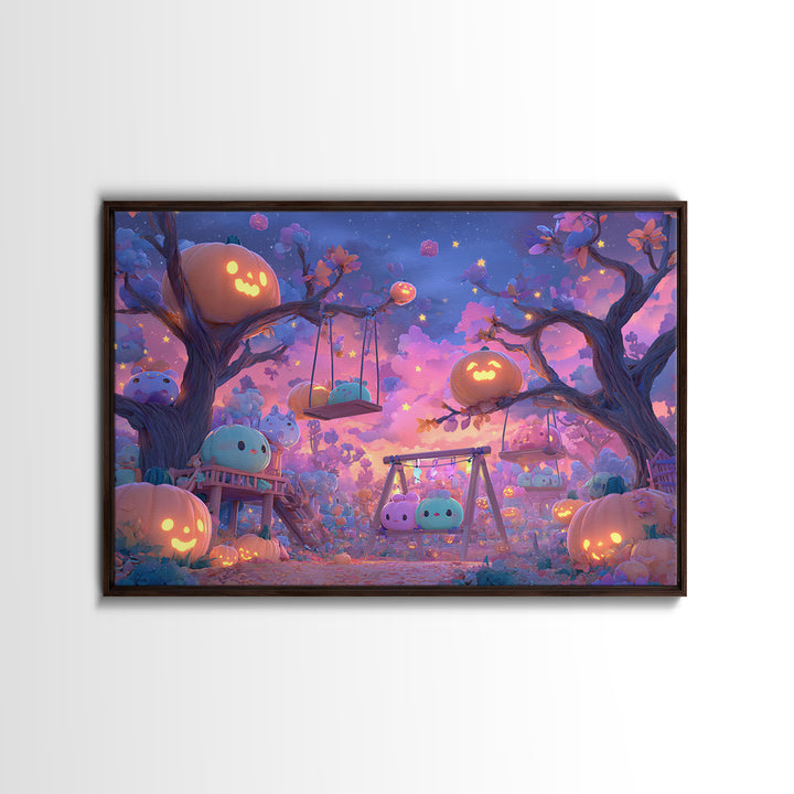 The Pumpkin Patch Playground, Synthwave Halloween Art, Landscape Wall Art, Canvas Print, Retro Halloween Decor, Neon Wall Art