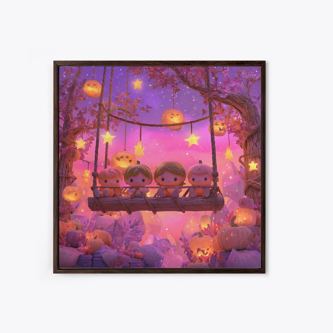 The Pumpkin Patch Playground, Retro Neon Halloween Art, Square Wall Art, Canvas Print, Retro Halloween Decor, Neon Wall Art