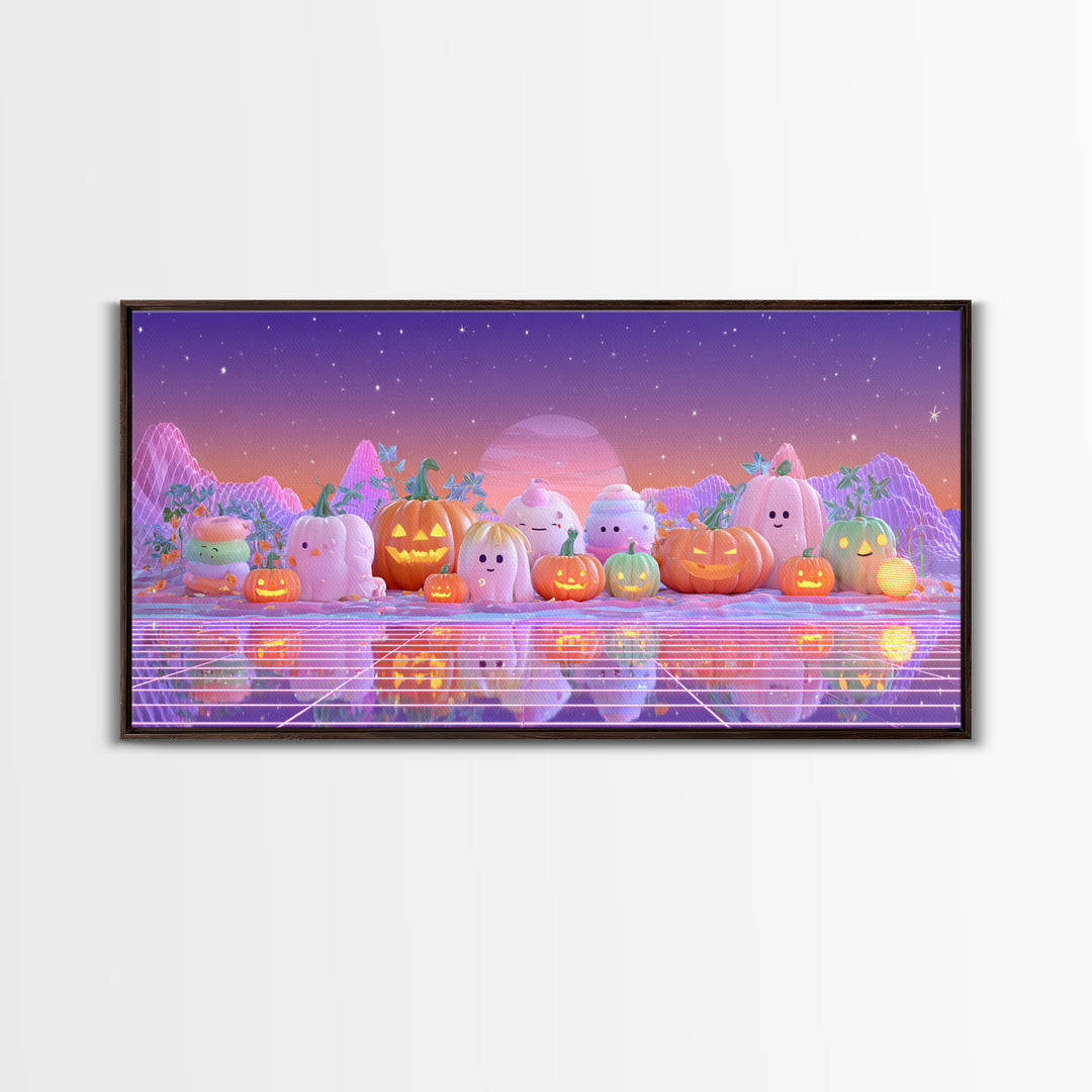 The Pumpkin Patch Playground, Vaporwave Halloween Decor, Wide Panoramic Art, Framed Canvas Print, Retro Halloween Decor, Neon Wall Art