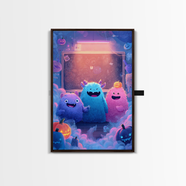 The Little Monster School, 80s Halloween Wall Art, Vertical Wall Art, Canvas Print, Retro Halloween Decor, Neon Wall Art, Spooky Wall Decor