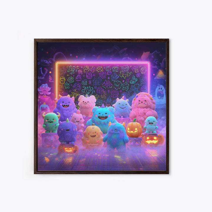 The Little Monster School, Synthwave Halloween Art, Square Wall Art, Canvas Print, Retro Halloween Decor, Neon Wall Art, Seasonal Home Decor