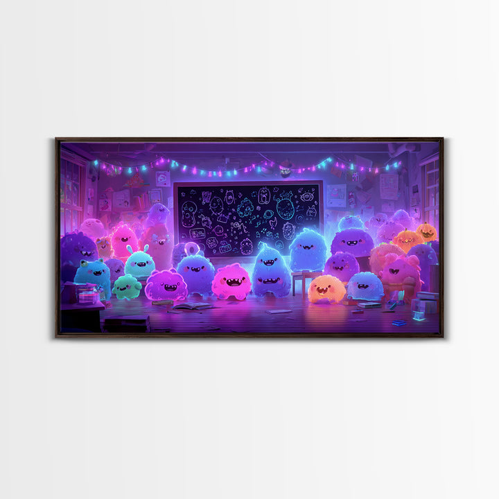 The Little Monster School, Vaporwave Halloween Decor, Wide Panoramic Art, Canvas Print, Retro Halloween Decor, Neon Wall Art