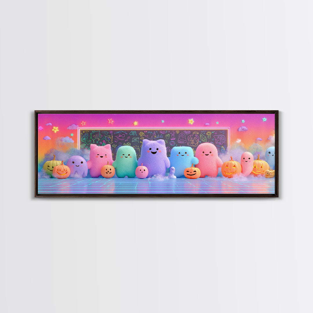 The Little Monster School, Retro Neon Halloween Art, Extra Wide Wall Art, Canvas Print, Retro Halloween Decor, Neon Wall Art