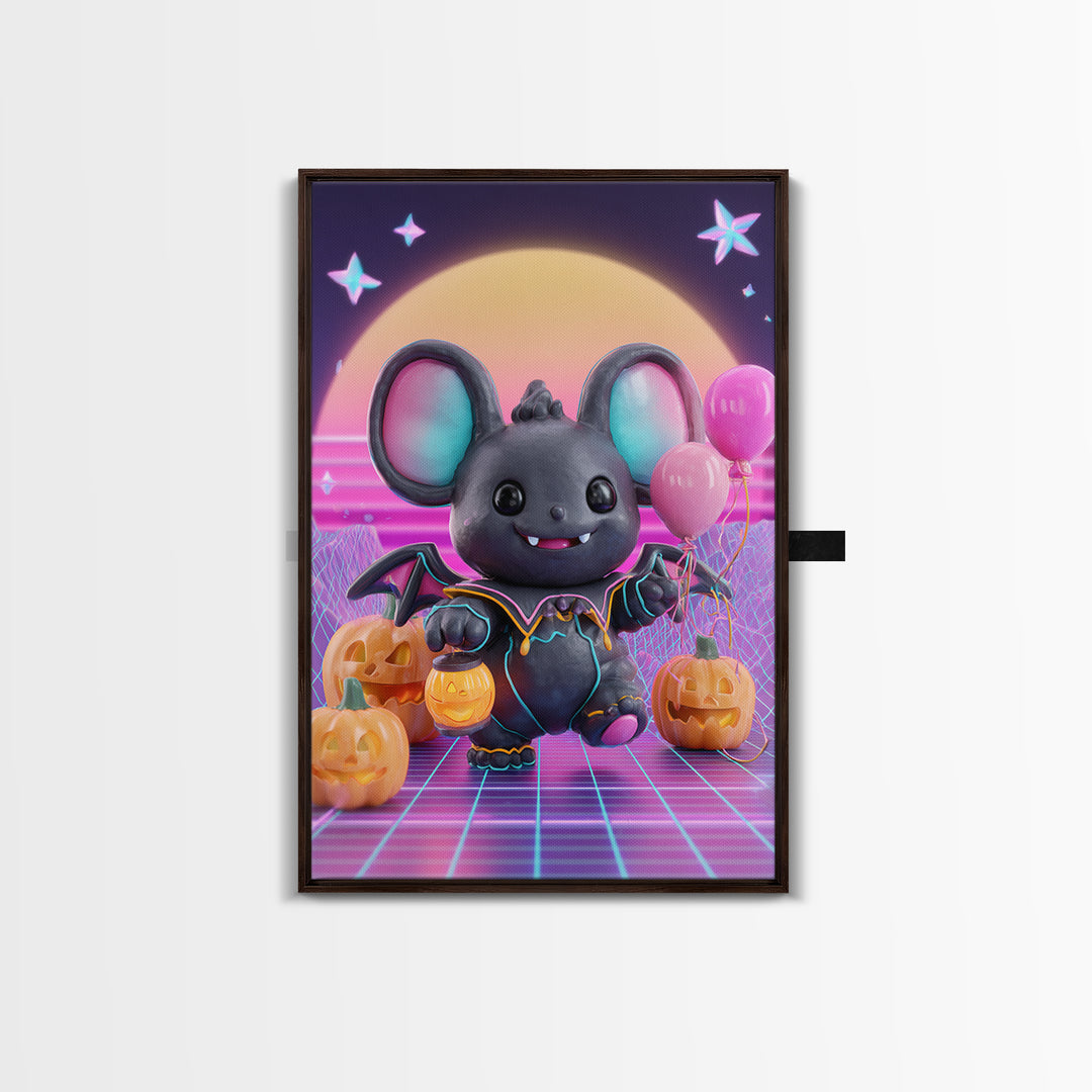 The Bat Balloon Factory, Cute Spooky Neon Art, Vertical Wall Art, Canvas Print, Retro Halloween Decor, Neon Wall Art, Collectible Wall Decor