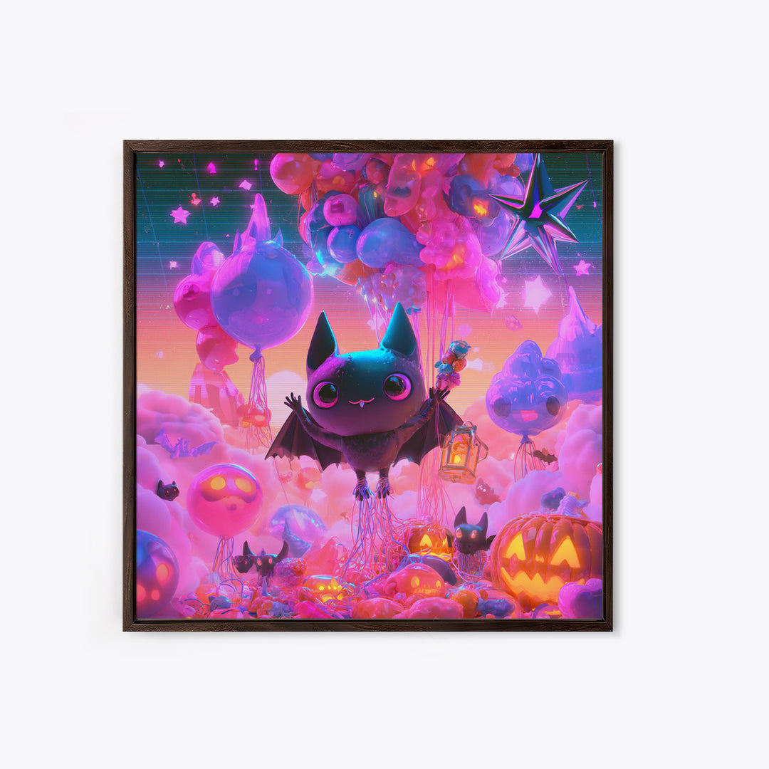 The Bat Balloon Factory, Synthwave Halloween Art, Square Wall Art, Canvas Print, Retro Halloween Decor, Neon Wall Art, Macabre Wall Art
