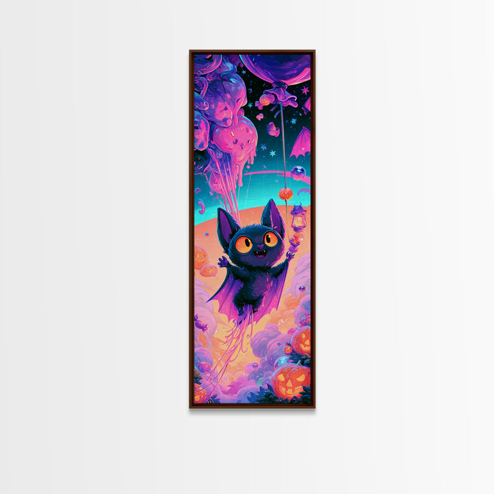The Bat Balloon Factory, Cute Spooky Neon Art, Tall Narrow Wall Art, Canvas Print, Retro Halloween Decor, Neon Wall Art, Macabre Wall Art
