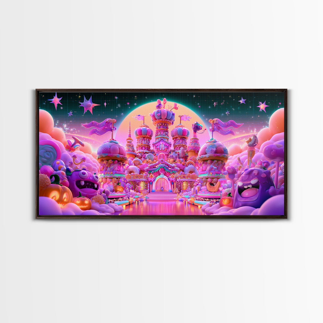 The Candy Castle, Vaporwave Halloween Decor, Wide Panoramic Art, Canvas Print, Retro Halloween Decor, Neon Wall Art, Horror Wall Art
