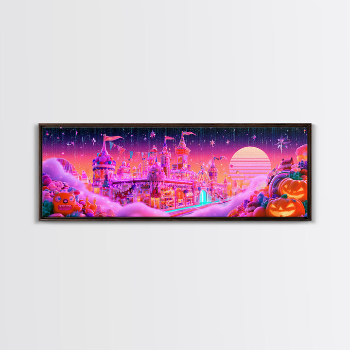 The Candy Castle, Vaporwave Halloween Decor, Extra Wide Wall Art, Canvas Print, Retro Halloween Decor, Neon Wall Art, Spooky Wall Decor