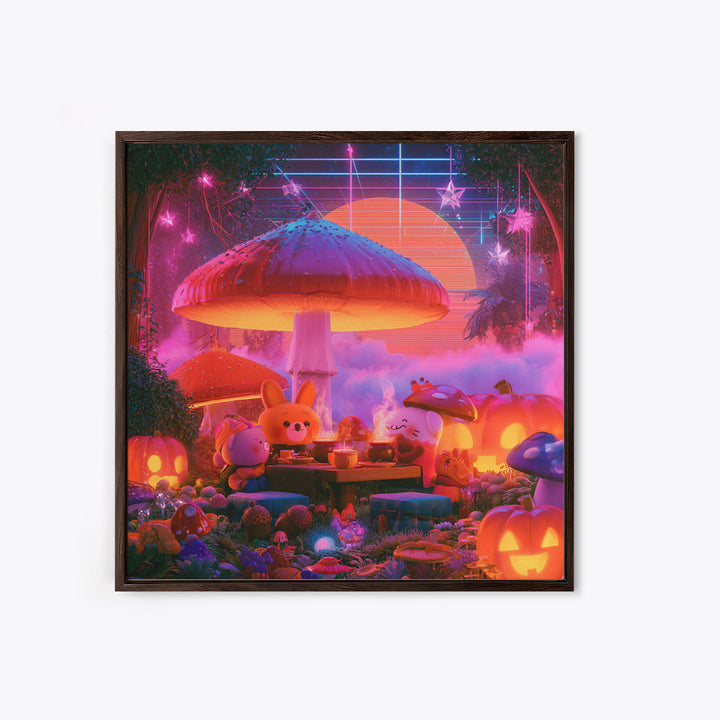 The Friendly Forest Cafe, Synthwave Halloween Art, Square Wall Art, Canvas Print, Retro Halloween Decor, Neon Wall Art, Dark Fantasy Art
