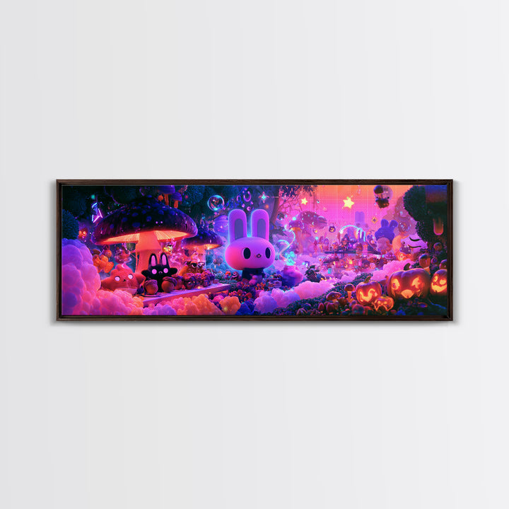 The Friendly Forest Cafe, Cute Spooky Neon Art, Extra Wide Wall Art, Canvas Print, Retro Halloween Decor, Neon Wall Art, Dark Fantasy Art