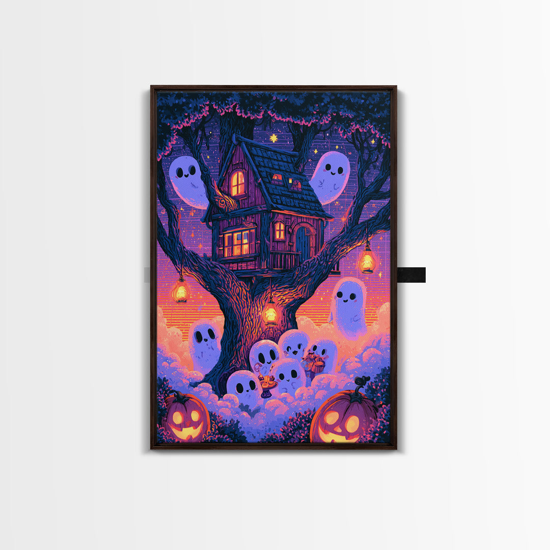 The Ghostly Treehouse, Vaporwave Halloween Decor, Vertical Wall Art, Canvas Print, Retro Halloween Decor, Neon Wall Art, Statement Wall Art