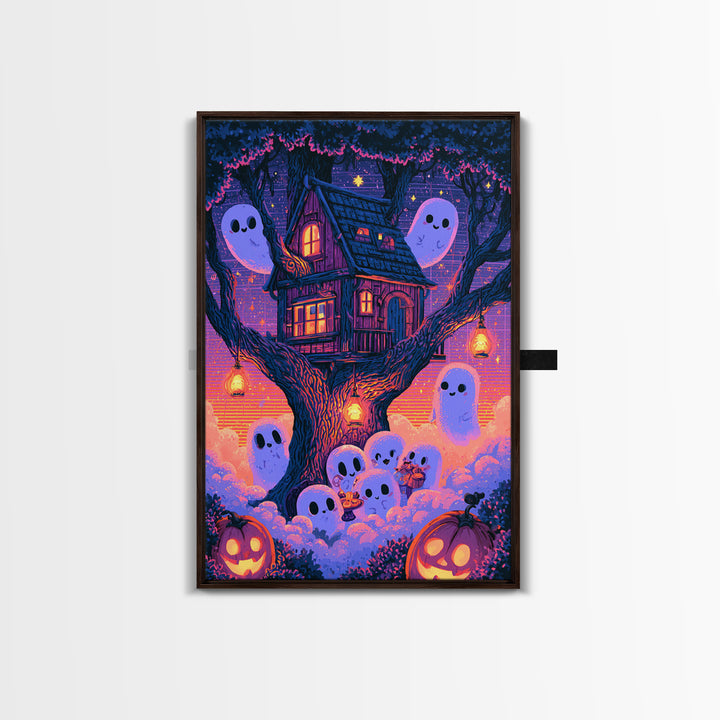 The Ghostly Treehouse, Vaporwave Halloween Decor, Vertical Wall Art, Canvas Print, Retro Halloween Decor, Neon Wall Art, Statement Wall Art