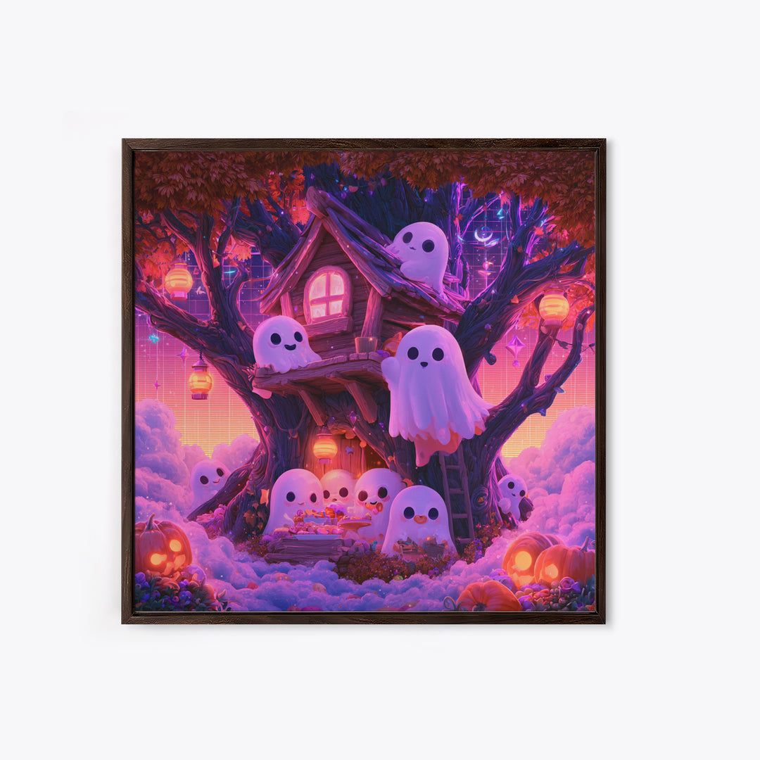 The Ghostly Treehouse, 80s Halloween Wall Art, Square Wall Art, Framed Canvas Print, Retro Halloween Decor, Neon Wall Art