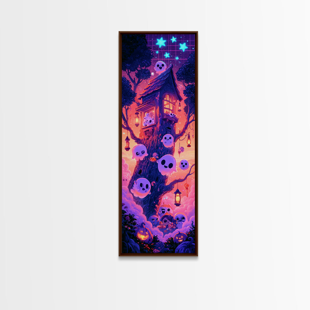 The Ghostly Treehouse, Synthwave Halloween Art, Tall Narrow Wall Art, Canvas Print, Retro Halloween Decor, Neon Wall Art, Macabre Wall Art