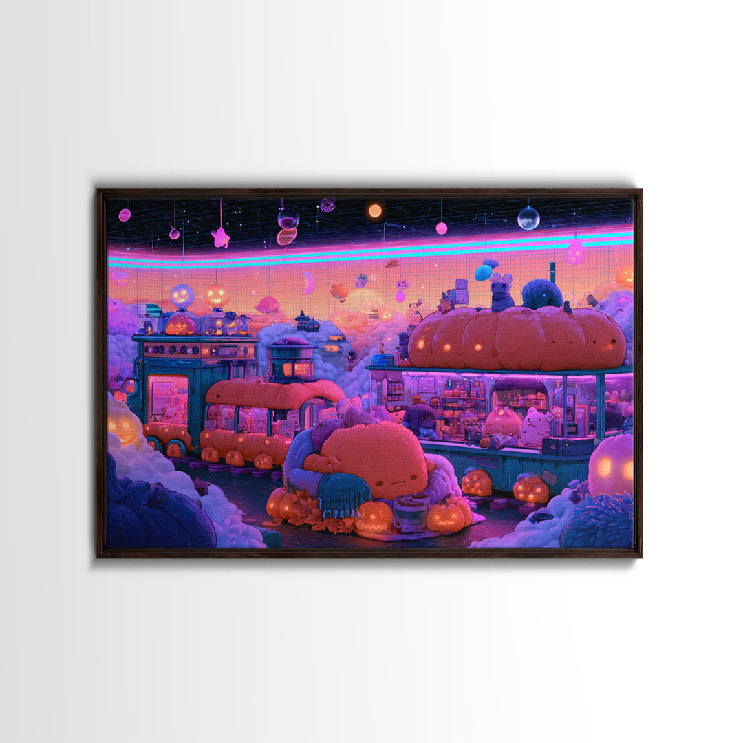The Pumpkin Train Station, Cute Spooky Neon Art, Landscape Wall Art, Framed Canvas Print, Retro Halloween Decor, Neon Wall Art