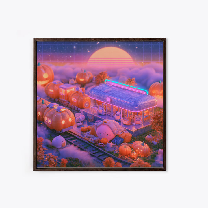 The Pumpkin Train Station, Cute Spooky Neon Art, Square Wall Art, Canvas Print, Retro Halloween Decor, Neon Wall Art, Gothic Home Decor