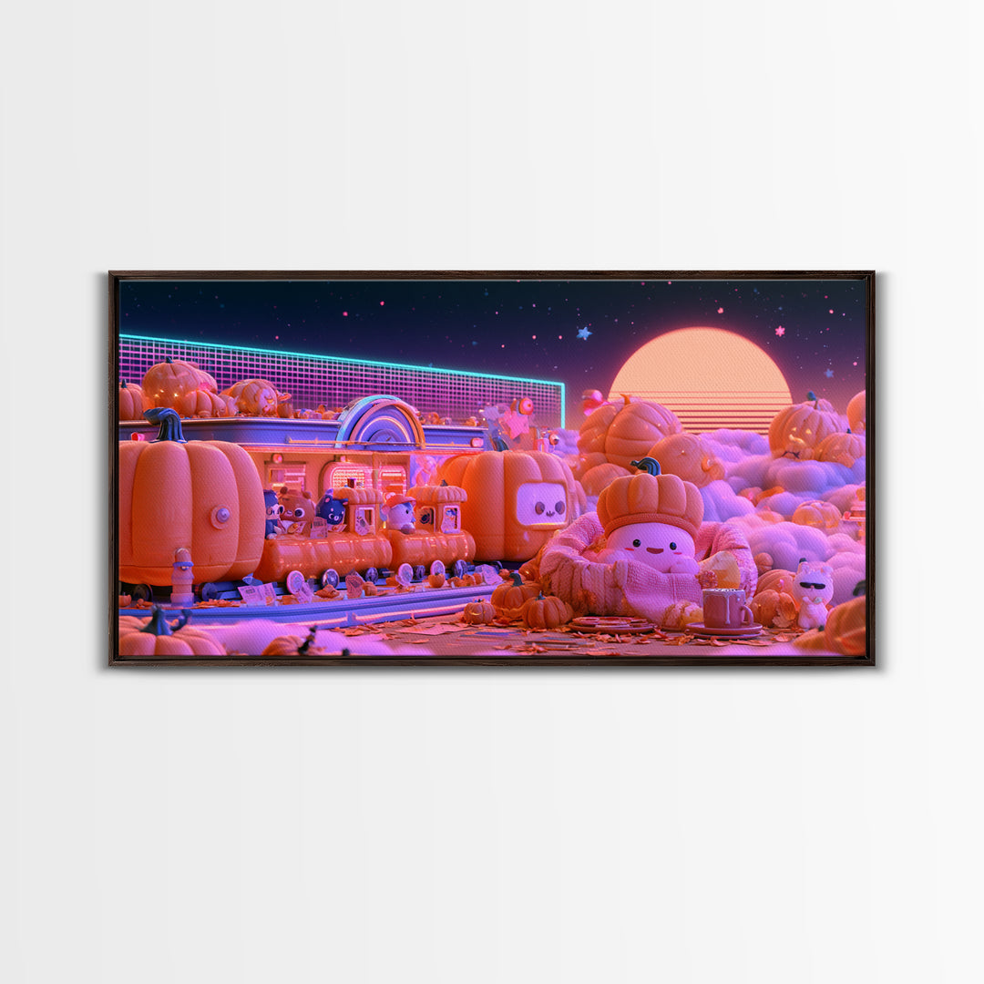 The Pumpkin Train Station, 80s Halloween Wall Art, Wide Panoramic Art, Framed Canvas Print, Retro Halloween Decor, Neon Wall Art