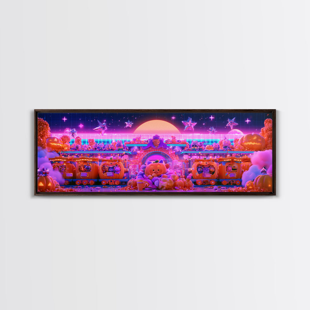 The Pumpkin Train Station, Cute Spooky Neon Art, Extra Wide Wall Art, Framed Canvas Print, Retro Halloween Decor, Neon Wall Art