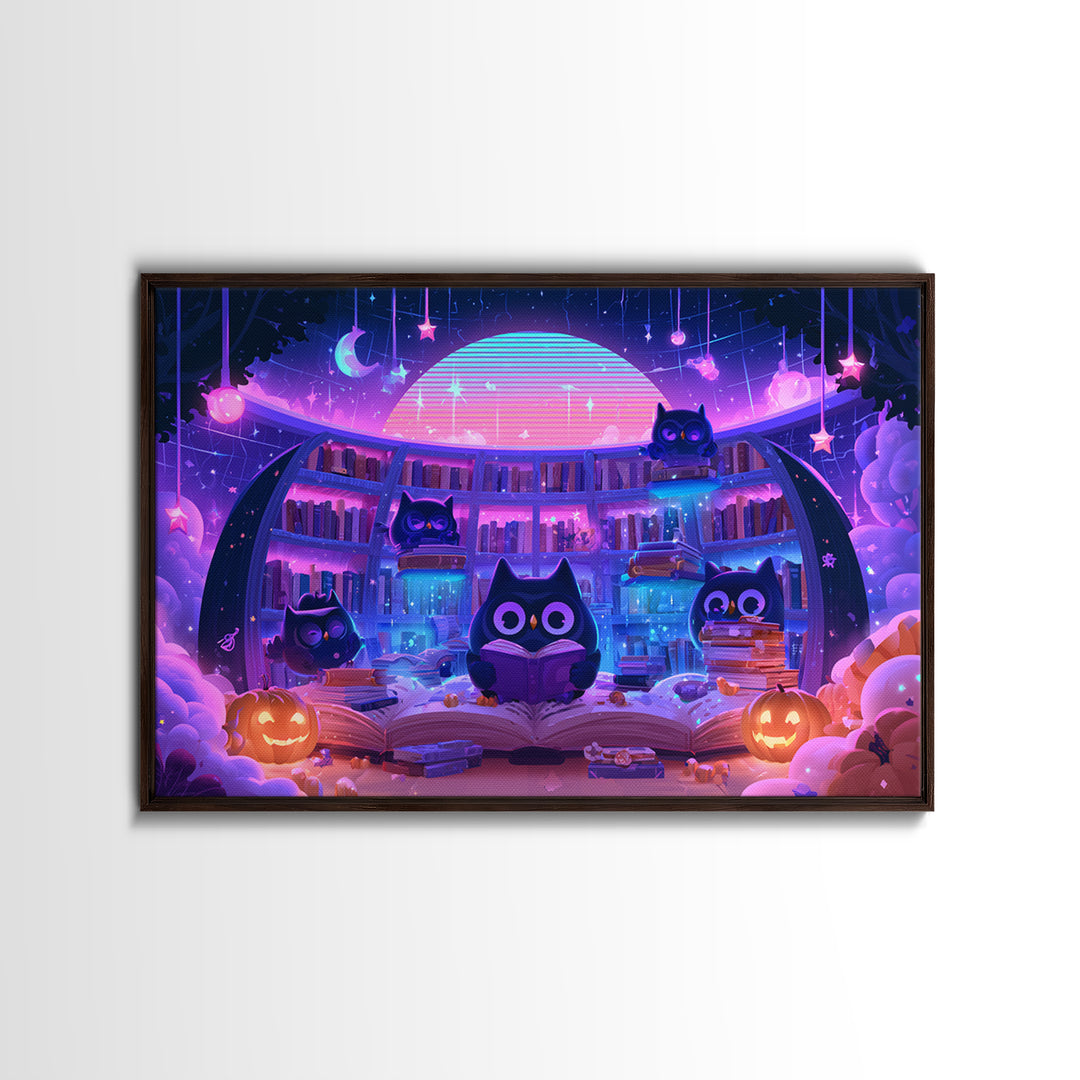 The Moonbeam Library, Synthwave Halloween Art, Landscape Wall Art, Canvas Print, Retro Halloween Decor, Neon Wall Art, Horror Wall Art