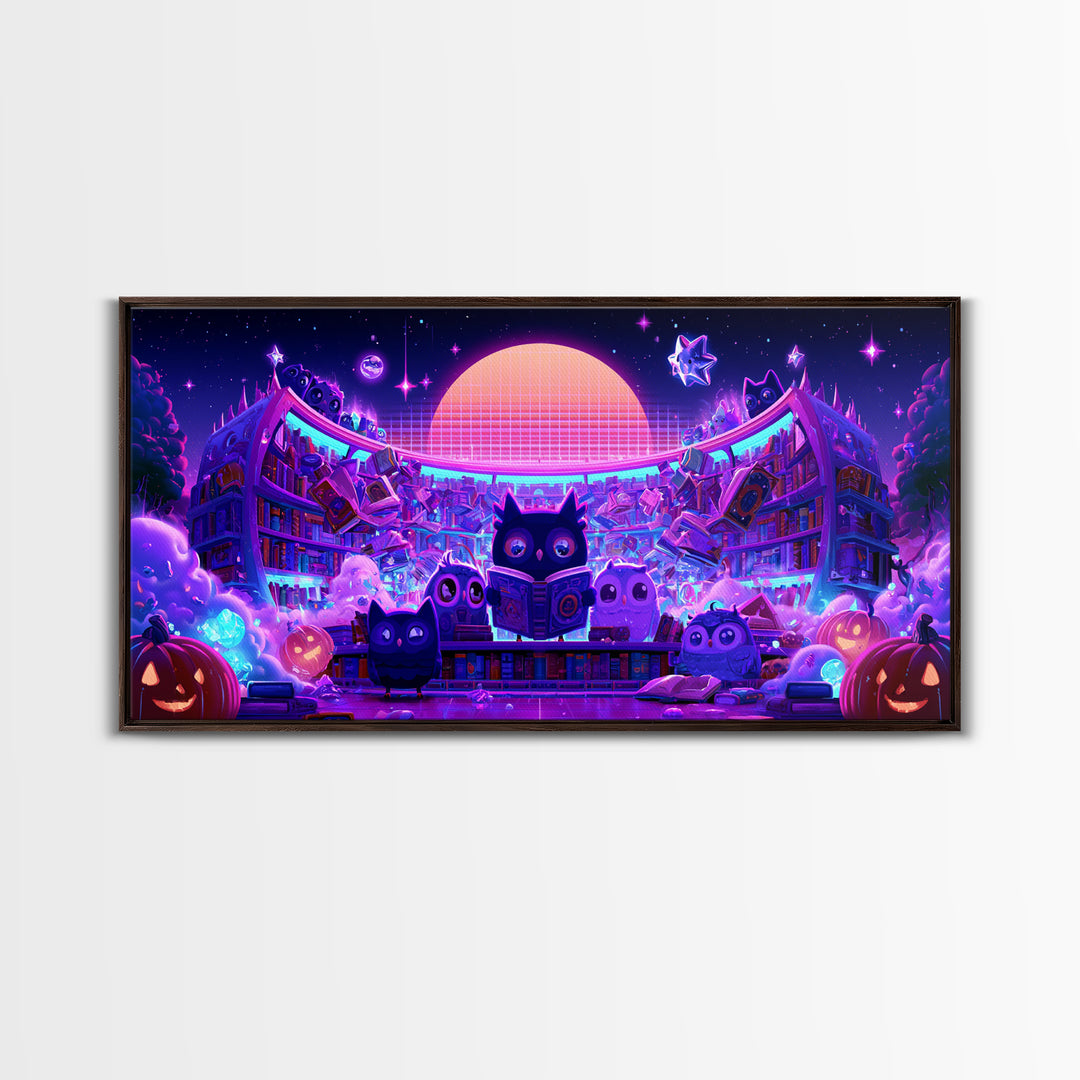 The Moonbeam Library, Vaporwave Halloween Decor, Wide Panoramic Art, Canvas Print, Retro Halloween Decor, Neon Wall Art, Macabre Wall Art