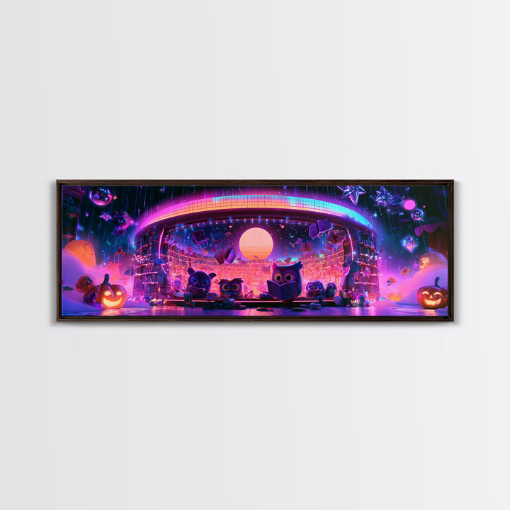 The Moonbeam Library, Cute Spooky Neon Art, Extra Wide Wall Art, Framed Canvas Print, Retro Halloween Decor, Neon Wall Art, Dark Fantasy Art
