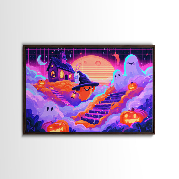 The Halloween Cloud Kingdom, 80s Halloween Wall Art, Landscape Wall Art, Framed Canvas Print, Retro Halloween Decor, Neon Wall Art