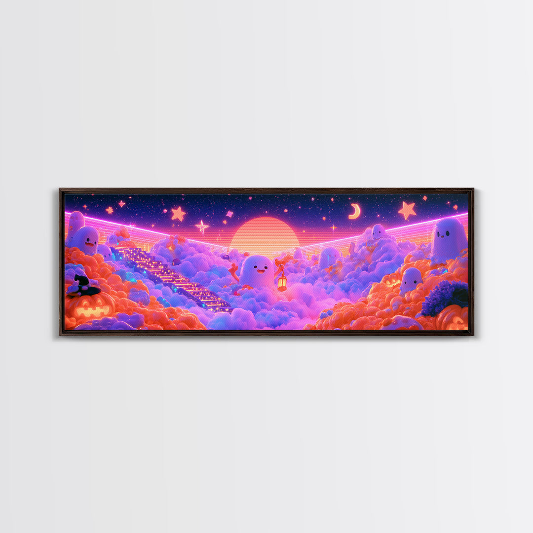 The Halloween Cloud Kingdom, Retro Neon Halloween Art, Extra Wide Wall Art, Framed Canvas Print, Retro Halloween Decor, Neon Wall Art
