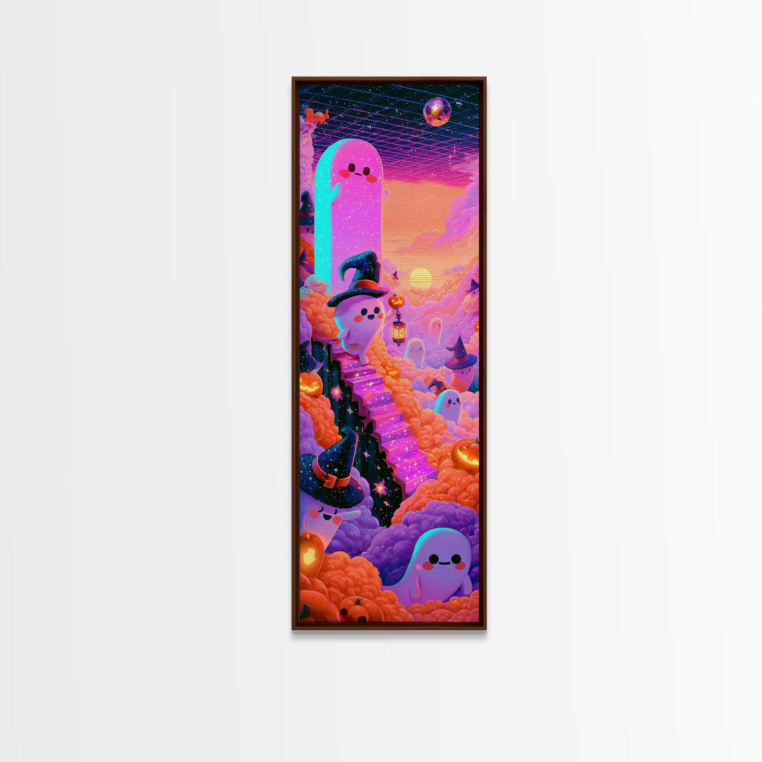 The Halloween Cloud Kingdom, Cute Spooky Neon Art, Tall Narrow Wall Art, Framed Canvas Print, Retro Halloween Decor, Neon Wall Art