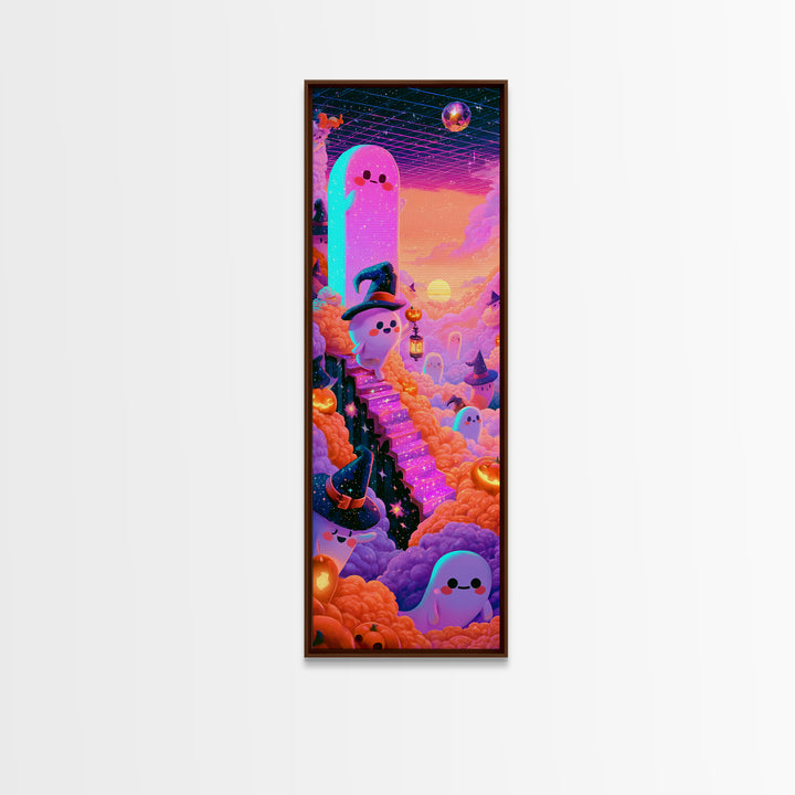 The Halloween Cloud Kingdom, Cute Spooky Neon Art, Tall Narrow Wall Art, Framed Canvas Print, Retro Halloween Decor, Neon Wall Art