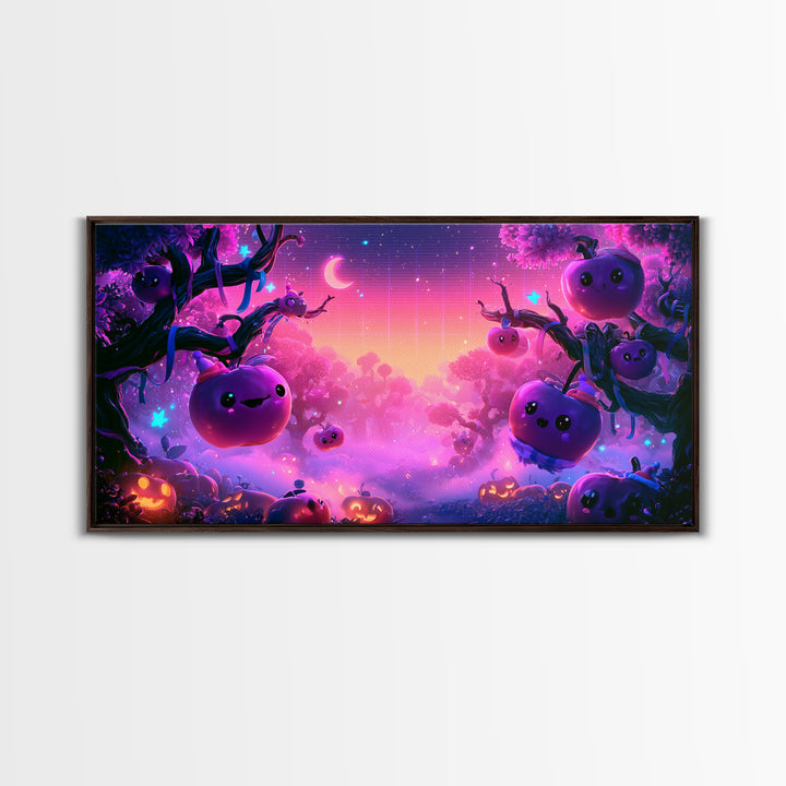The Enchanted Apple Orchard, 80s Halloween Wall Art, Wide Panoramic Art, Canvas Print, Retro Halloween Decor, Neon Wall Art
