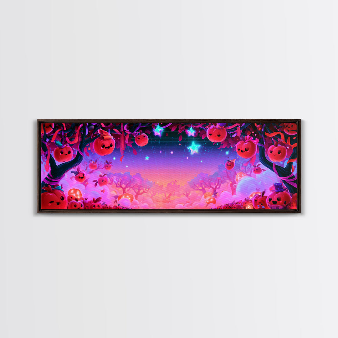 The Enchanted Apple Orchard, Retro Neon Halloween Art, Extra Wide Wall Art, Framed Canvas Print, Retro Halloween Decor, Neon Wall Art