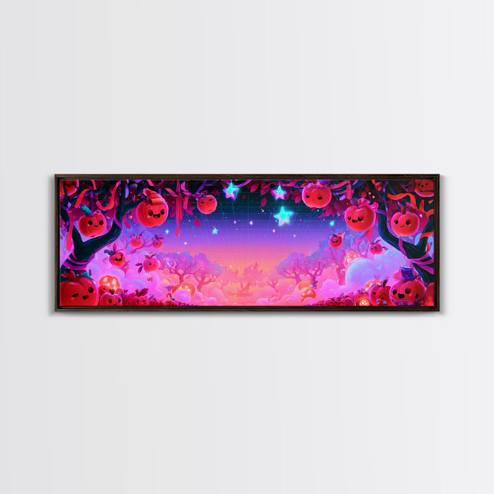 The Enchanted Apple Orchard, Retro Neon Halloween Art, Extra Wide Wall Art, Framed Canvas Print, Retro Halloween Decor, Neon Wall Art