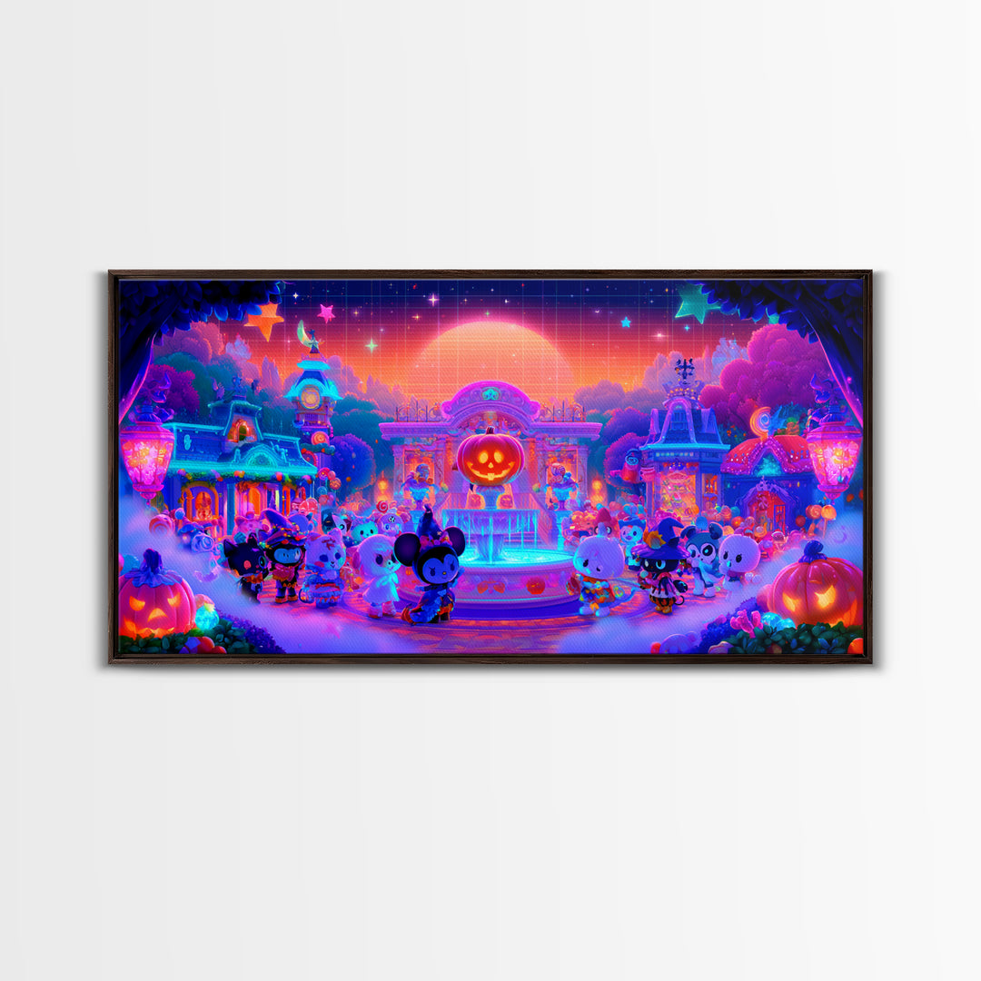 The Trick-Or-Treat Village Square, Synthwave Halloween Art, Wide Panoramic Art, Framed Canvas Print, Retro Halloween Decor, Neon Wall Art