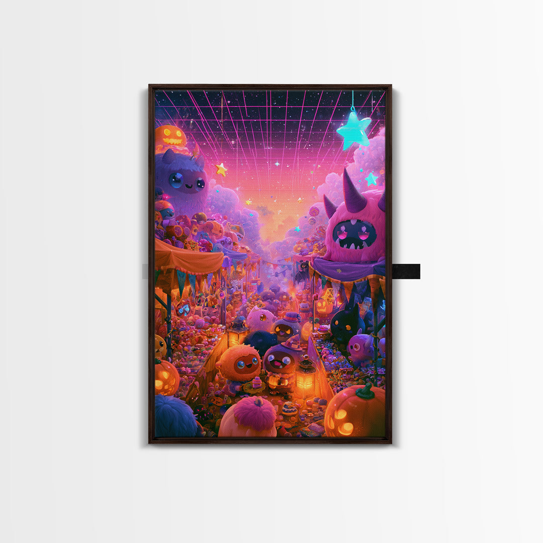 The Friendly Monster Market, Cute Spooky Neon Art, Vertical Wall Art, Framed Canvas Print, Retro Halloween Decor, Neon Wall Art