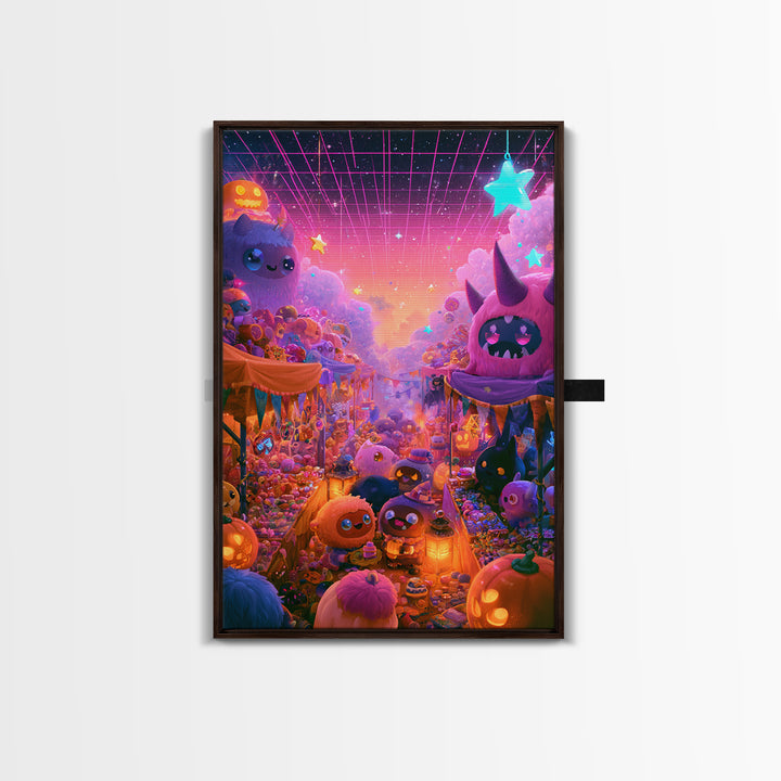 The Friendly Monster Market, Cute Spooky Neon Art, Vertical Wall Art, Framed Canvas Print, Retro Halloween Decor, Neon Wall Art