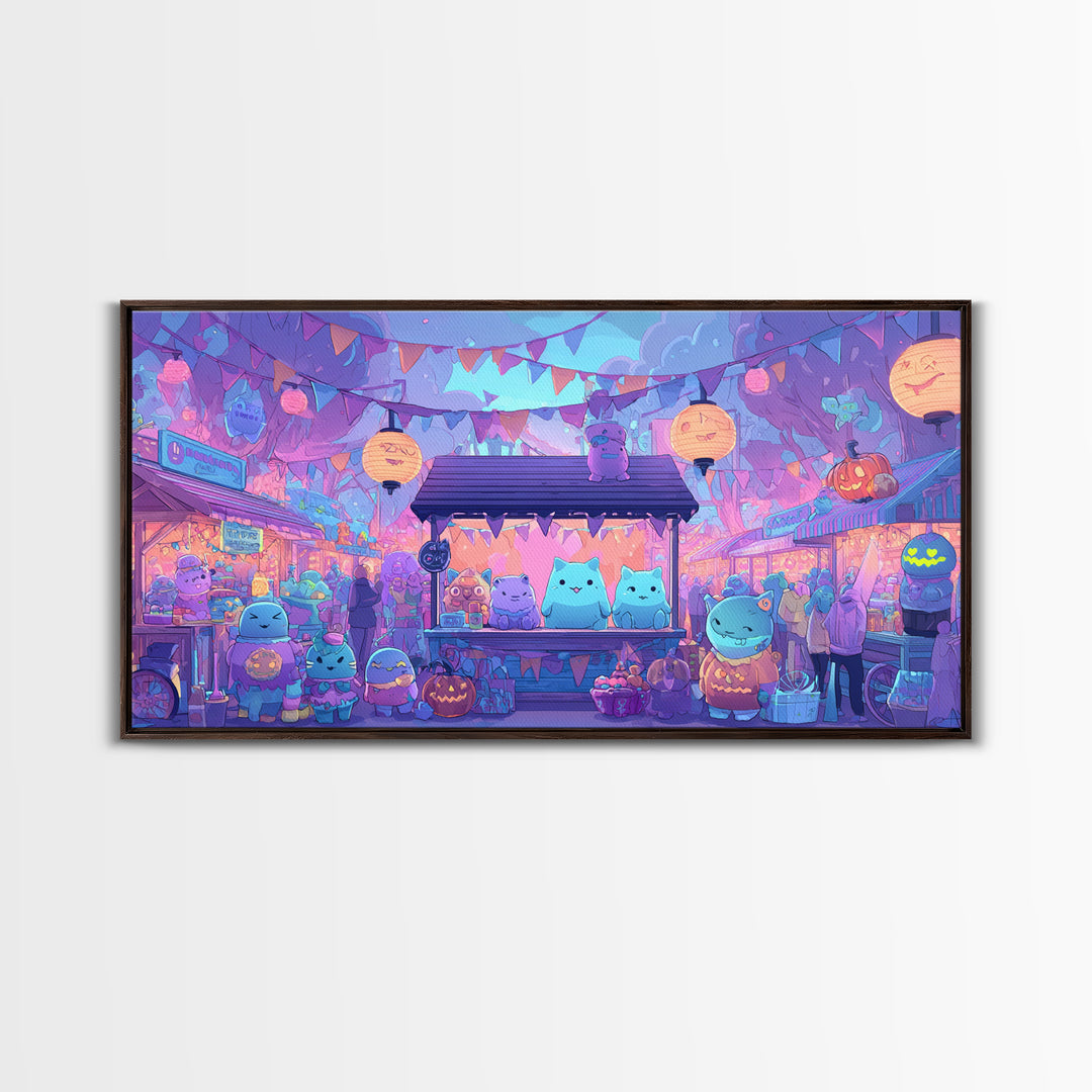 The Friendly Monster Market, 80s Halloween Wall Art, Wide Panoramic Art, Framed Canvas Print, Retro Halloween Decor, Neon Wall Art
