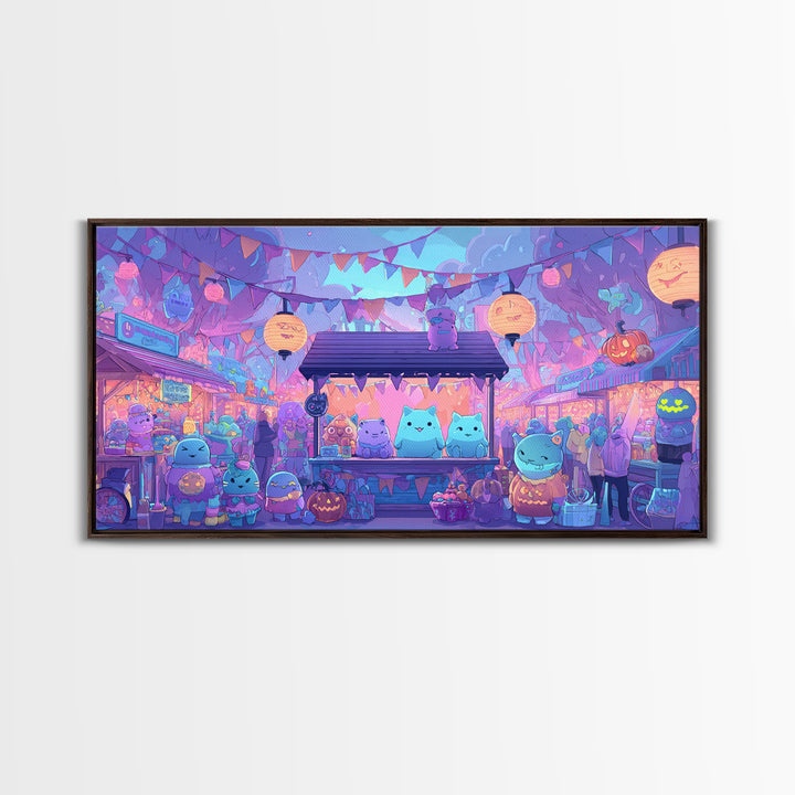 The Friendly Monster Market, 80s Halloween Wall Art, Wide Panoramic Art, Framed Canvas Print, Retro Halloween Decor, Neon Wall Art