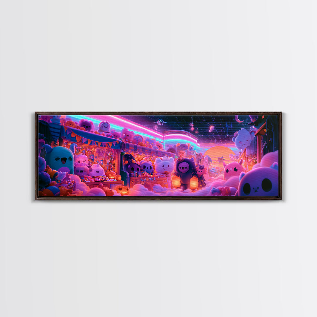 The Friendly Monster Market, 80s Halloween Wall Art, Extra Wide Wall Art, Framed Canvas Print, Retro Halloween Decor, Neon Wall Art