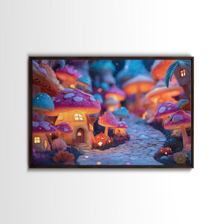 The Lantern-Lit Mushroom Village, Vaporwave Halloween Decor, Landscape Wall Art, Canvas Print, Retro Halloween Decor, Neon Wall Art