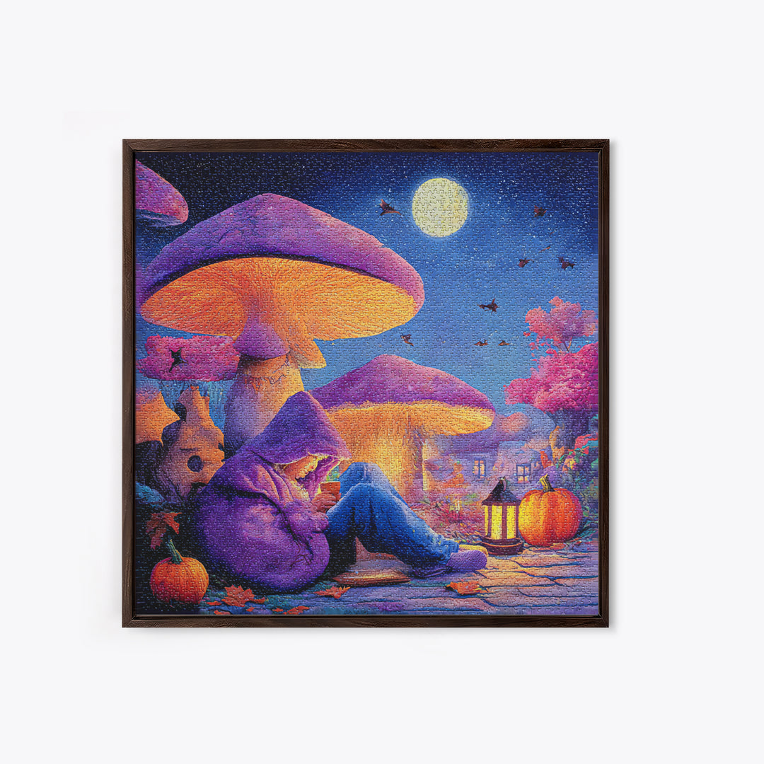 The Lantern-Lit Mushroom Village, Retro Neon Halloween Art, Square Wall Art, Framed Canvas Print, Retro Halloween Decor, Neon Wall Art