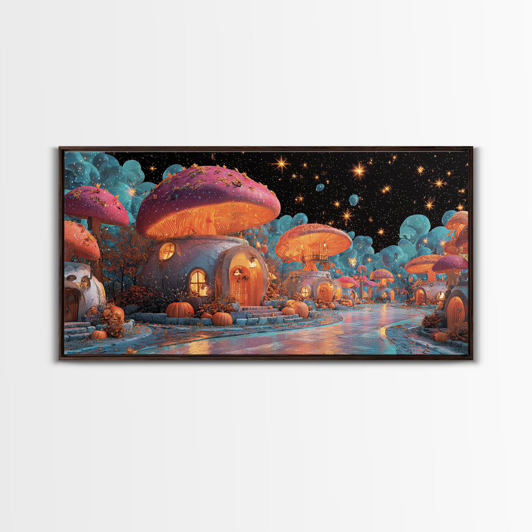 The Lantern-Lit Mushroom Village, Retro Neon Halloween Art, Wide Panoramic Art, Canvas Print, Retro Halloween Decor, Neon Wall Art