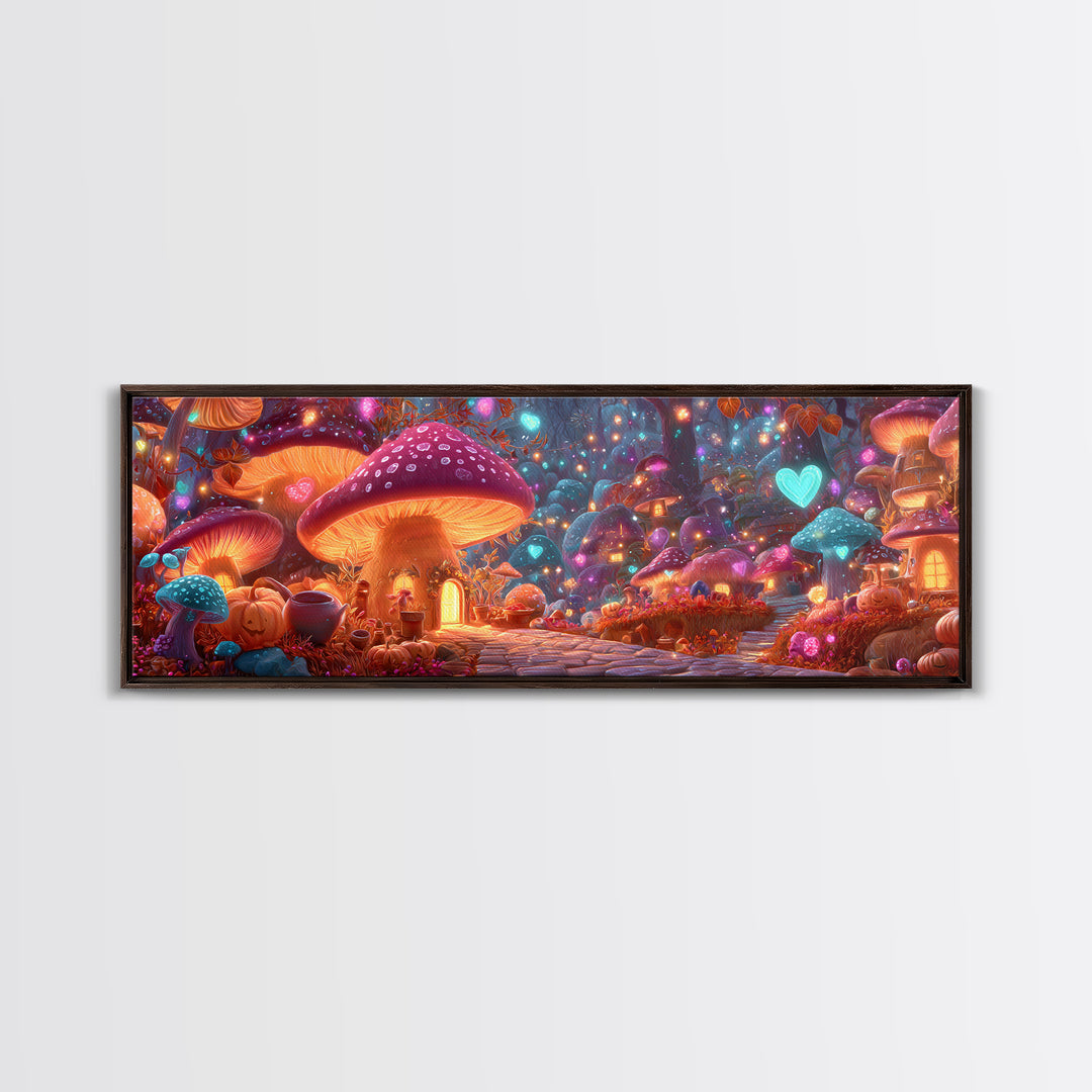 The Lantern-Lit Mushroom Village, 80s Halloween Wall Art, Extra Wide Wall Art, Framed Canvas Print, Retro Halloween Decor, Neon Wall Art