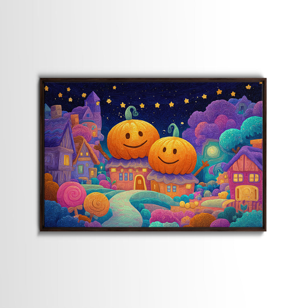 The Starry Pumpkin Farm, Retro Neon Halloween Art, Landscape Wall Art, Canvas Print, Retro Halloween Decor, Neon Wall Art