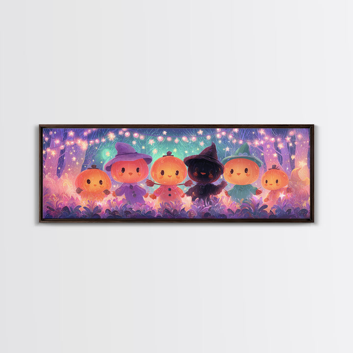 The Starry Pumpkin Farm, Vaporwave Halloween Decor, Extra Wide Wall Art, Framed Canvas Print, Retro Halloween Decor, Neon Wall Art