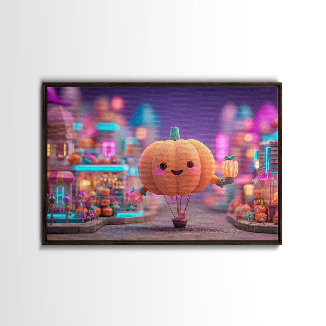 The Pumpkin Balloon Parade, Cute Spooky Neon Art, Landscape Wall Art, Framed Canvas Print, Retro Halloween Decor, Neon Wall Art
