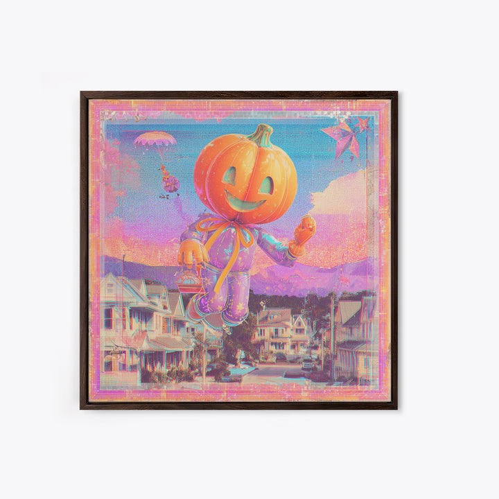 The Pumpkin Balloon Parade, Cute Spooky Neon Art, Square Wall Art, Canvas Print, Retro Halloween Decor, Neon Wall Art, Statement Wall Art