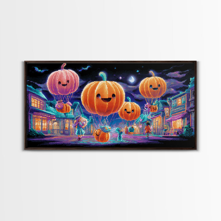 The Pumpkin Balloon Parade, 80s Halloween Wall Art, Wide Panoramic Art, Canvas Print, Retro Halloween Decor, Neon Wall Art