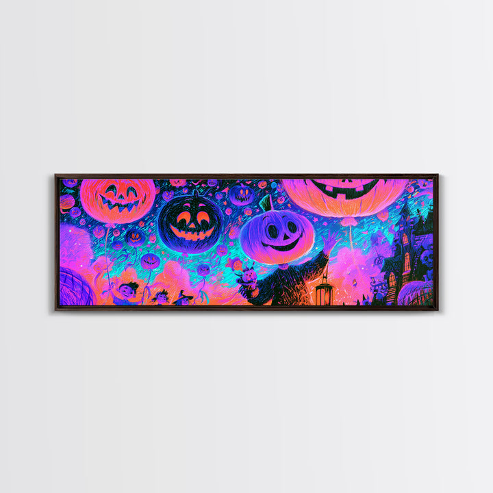 The Pumpkin Balloon Parade, Retro Neon Halloween Art, Extra Wide Wall Art, Framed Canvas Print, Retro Halloween Decor, Neon Wall Art